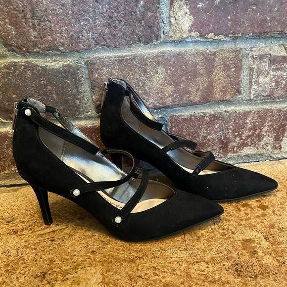 Libby edelman Strappy Black Stiletto Heels with Back Zip and Faux Pearls - Picture 1 of 9